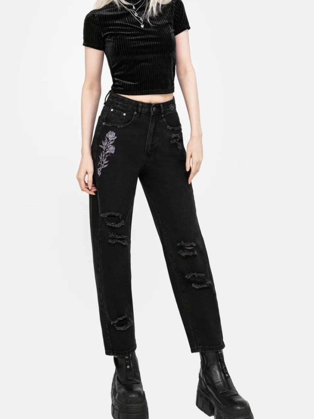 Black Distressed High-Waist Jeans with Purple Rose Embroidery